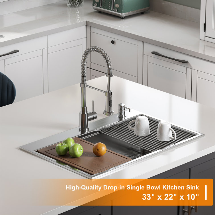 Gideon 33'' Stainless Steel Drop-In Kitchen Sink with Workstation