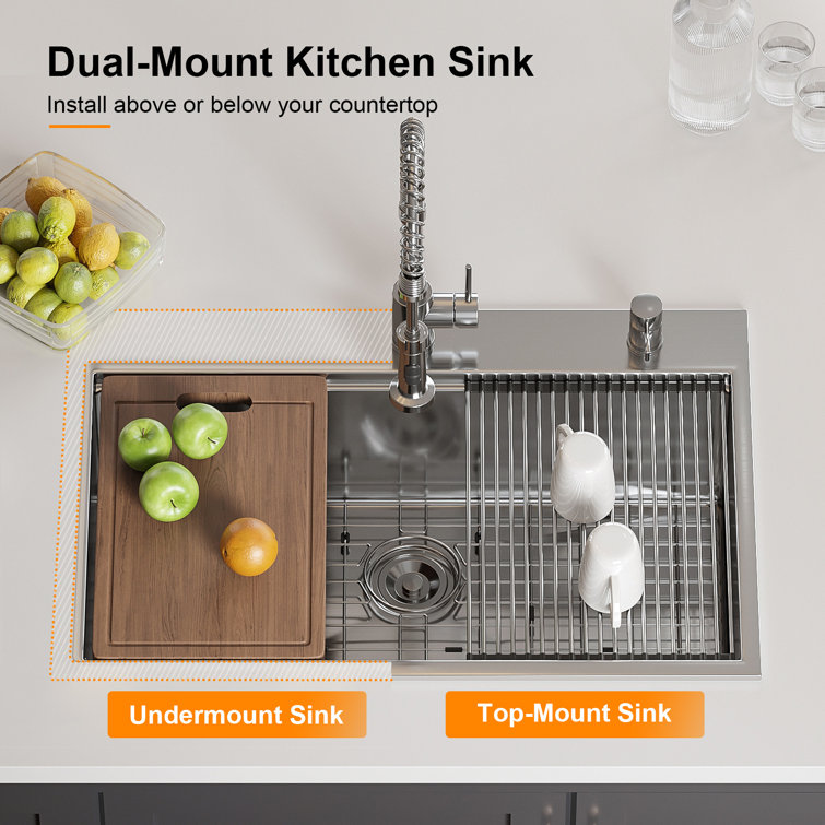 Gideon 33'' Stainless Steel Drop-In Kitchen Sink with Workstation