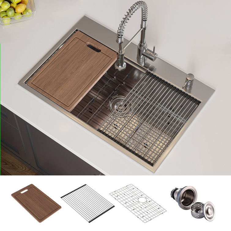 Gideon 33'' Stainless Steel Drop-In Kitchen Sink with Workstation