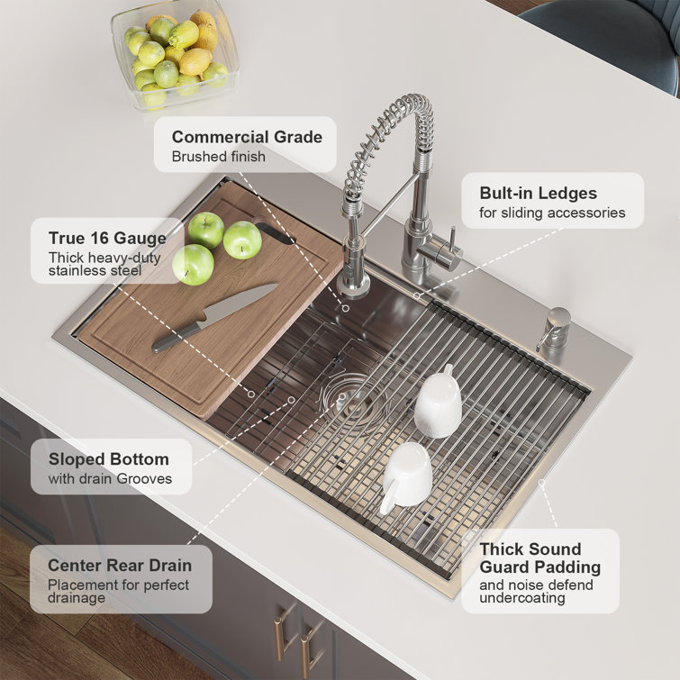 Gideon 33'' Stainless Steel Drop-In Kitchen Sink with Workstation