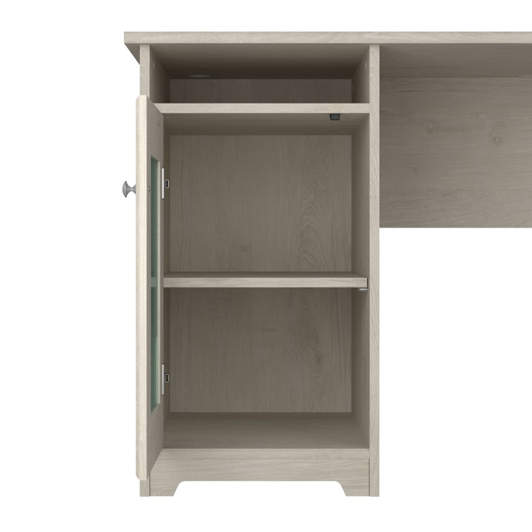Linen White Oak L-Shaped Desk with Filing Cabinet and USB Hub