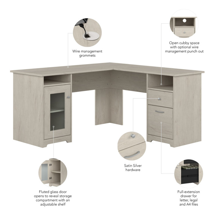 Linen White Oak L-Shaped Desk with Filing Cabinet and USB Hub