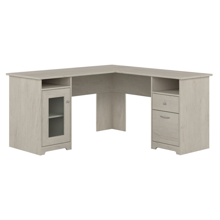 Linen White Oak L-Shaped Desk with Filing Cabinet and USB Hub