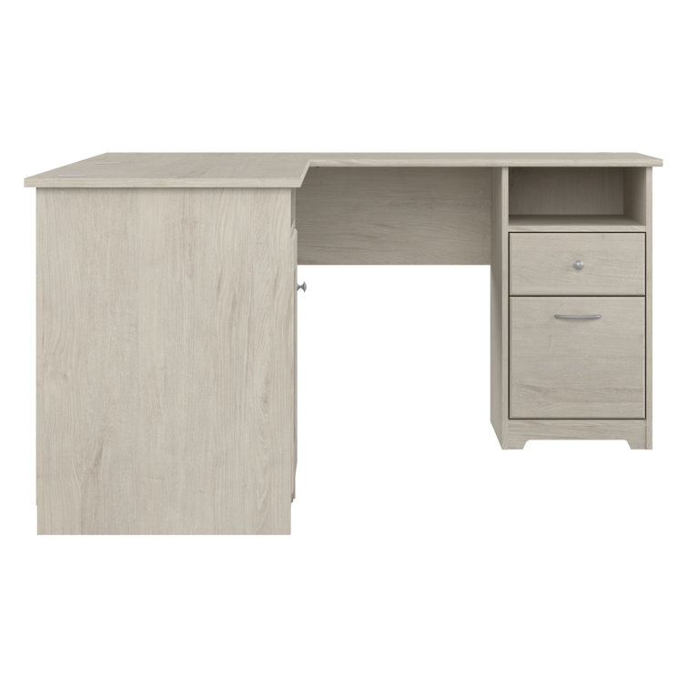 Linen White Oak L-Shaped Desk with Filing Cabinet and USB Hub