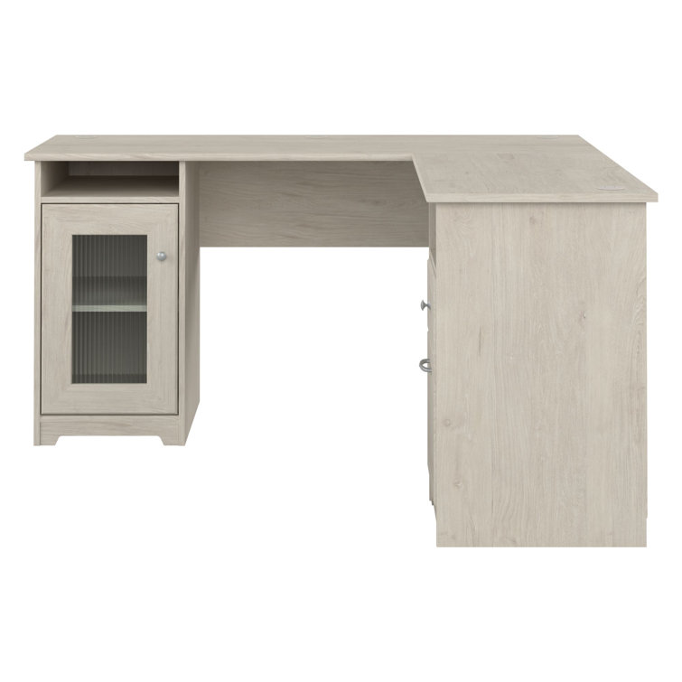 Linen White Oak L-Shaped Desk with Filing Cabinet and USB Hub