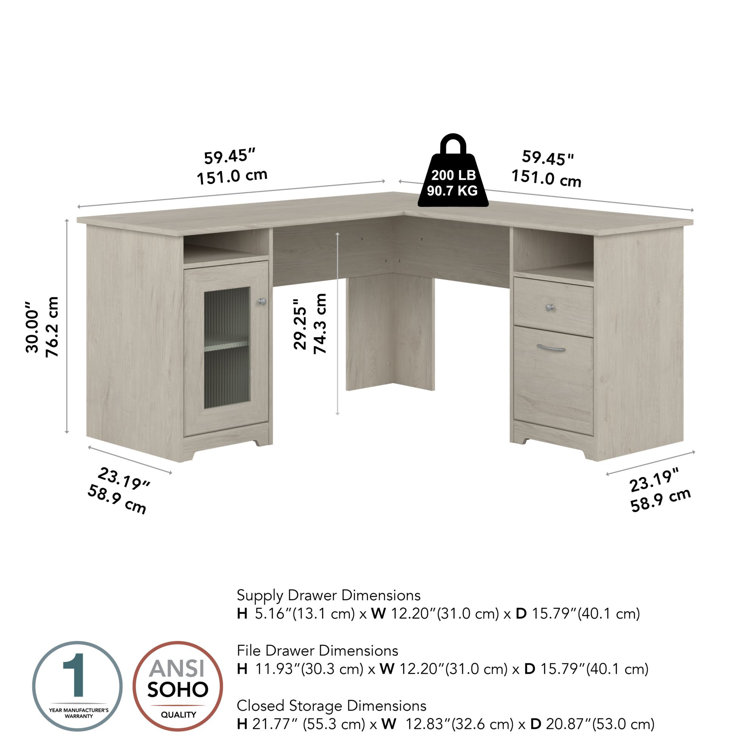 Linen White Oak L-Shaped Desk with Filing Cabinet and USB Hub
