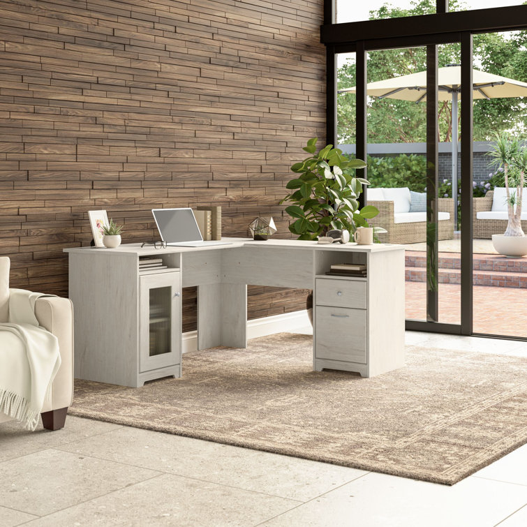 Linen White Oak L-Shaped Desk with Filing Cabinet and USB Hub