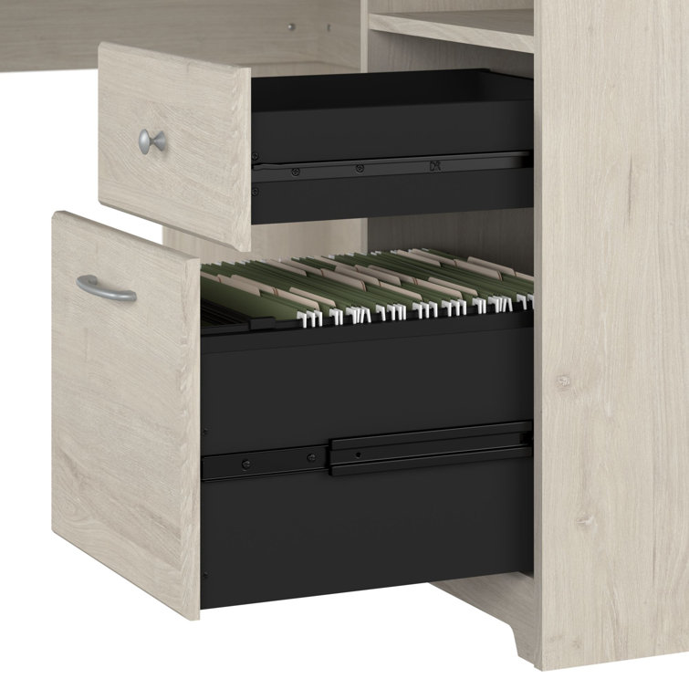 Linen White Oak L-Shaped Desk with Filing Cabinet and USB Hub