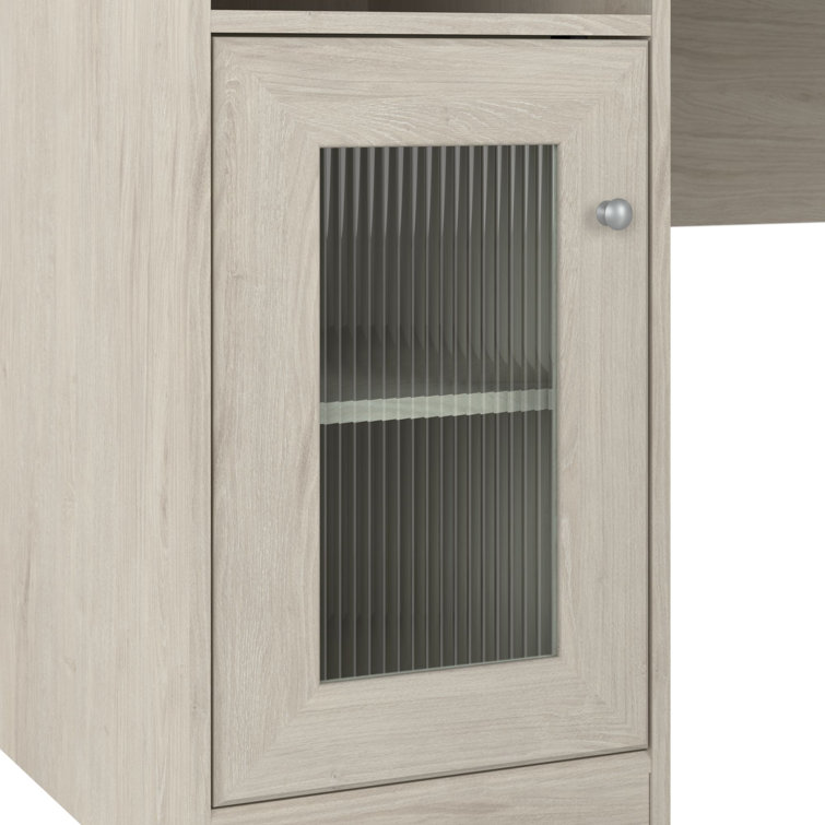 Linen White Oak L-Shaped Desk with Filing Cabinet and USB Hub