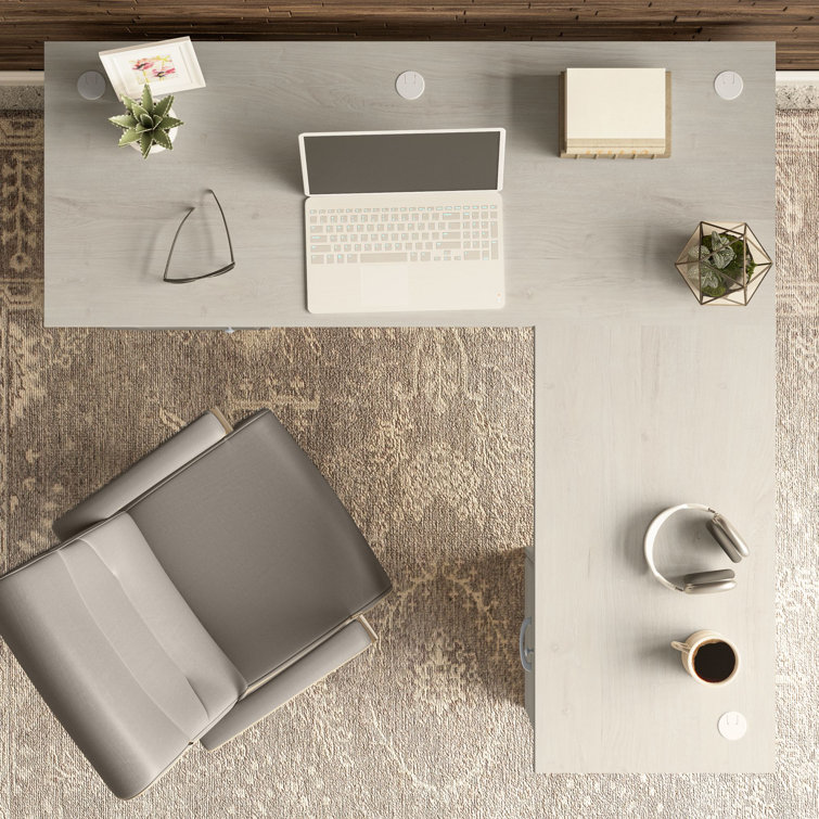 Linen White Oak L-Shaped Desk with Filing Cabinet and USB Hub