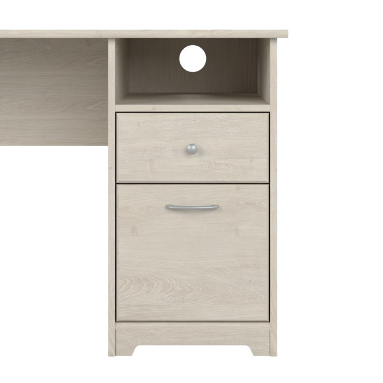 Linen White Oak L-Shaped Desk with Filing Cabinet and USB Hub