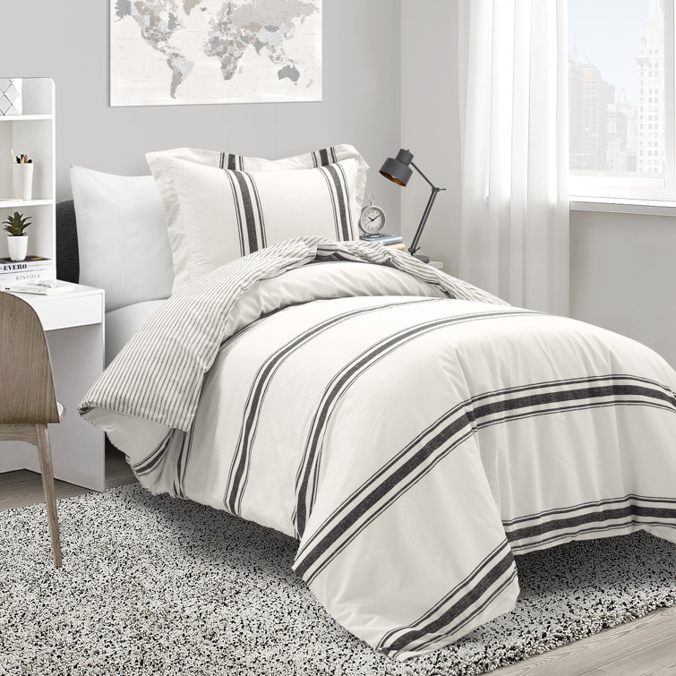 Farmhouse Stripe Black and Cream Cotton Twin XL Duvet Cover Set