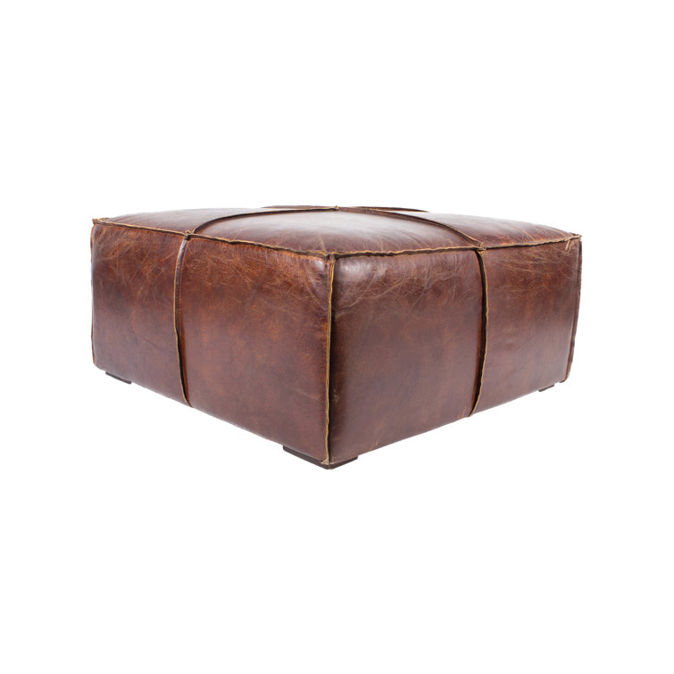 Stamford Square Brown Leather Ottoman with Wood Frame