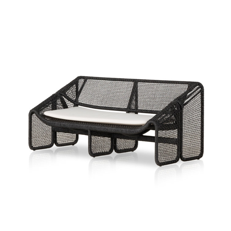Curved Black Wicker Outdoor Sectional Sofa with White Cushions