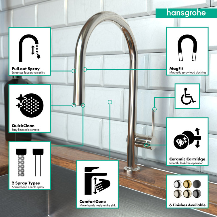 17" Polished Nickel Brass Pull-Down Kitchen Faucet with Spray