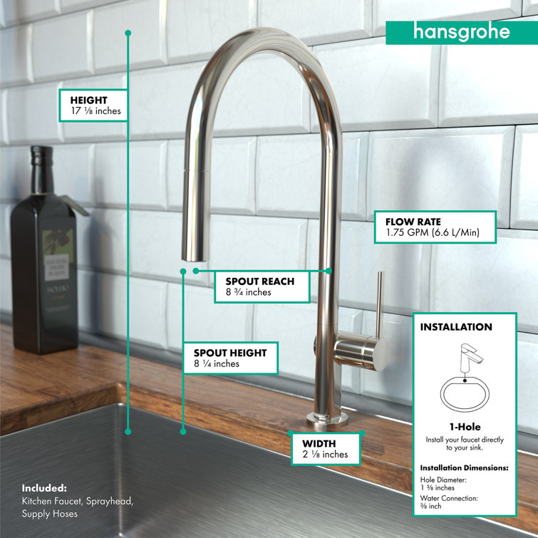 17" Polished Nickel Brass Pull-Down Kitchen Faucet with Spray