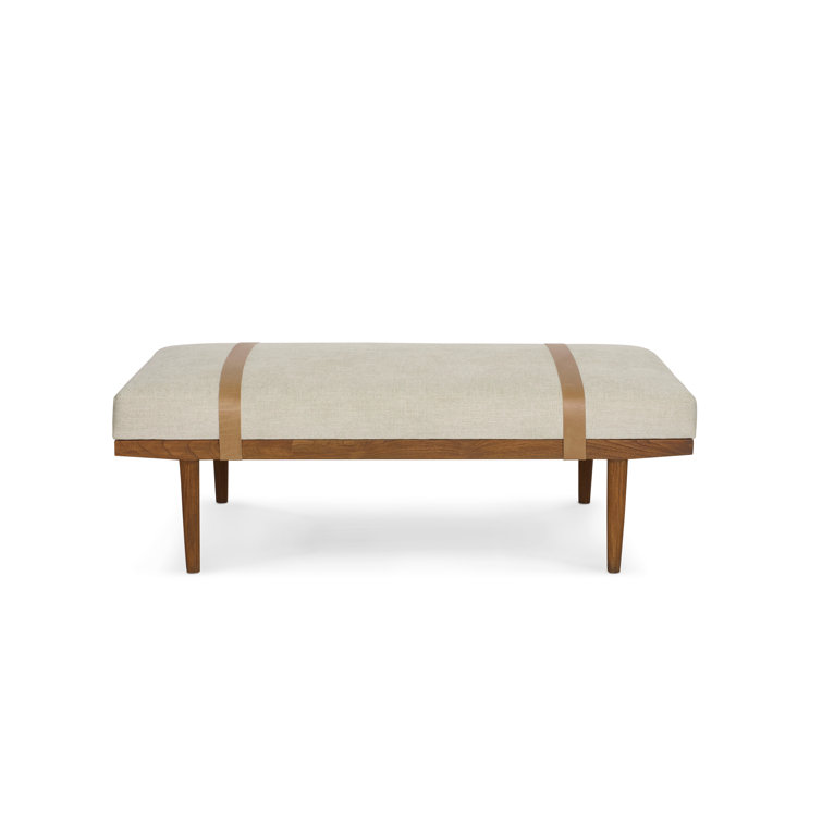 Beach Crypton Fabric and Teak Ottoman with Leather Straps