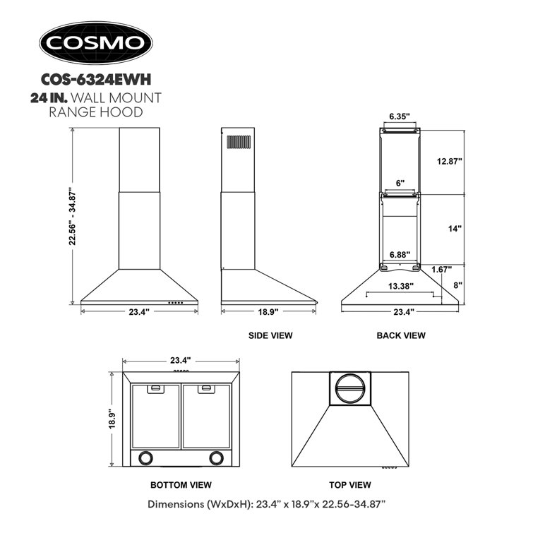 24'' Stainless Steel Convertible Wall Mounted Range Hood