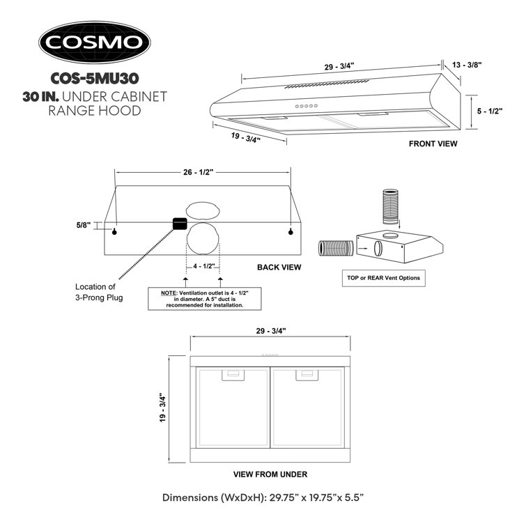 Cosmo 30'' Stainless Steel Convertible Under Cabinet Range Hood