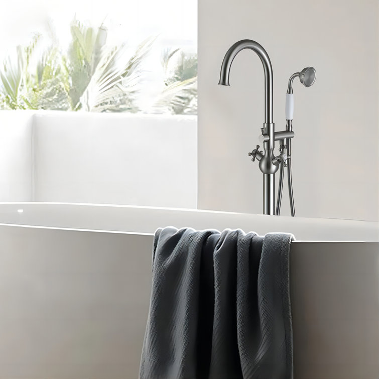 Brushed Nickel Freestanding Tub Filler with Handheld Shower