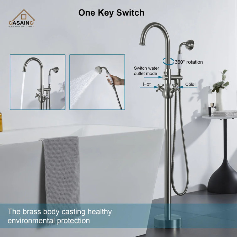 Brushed Nickel Freestanding Tub Filler with Handheld Shower