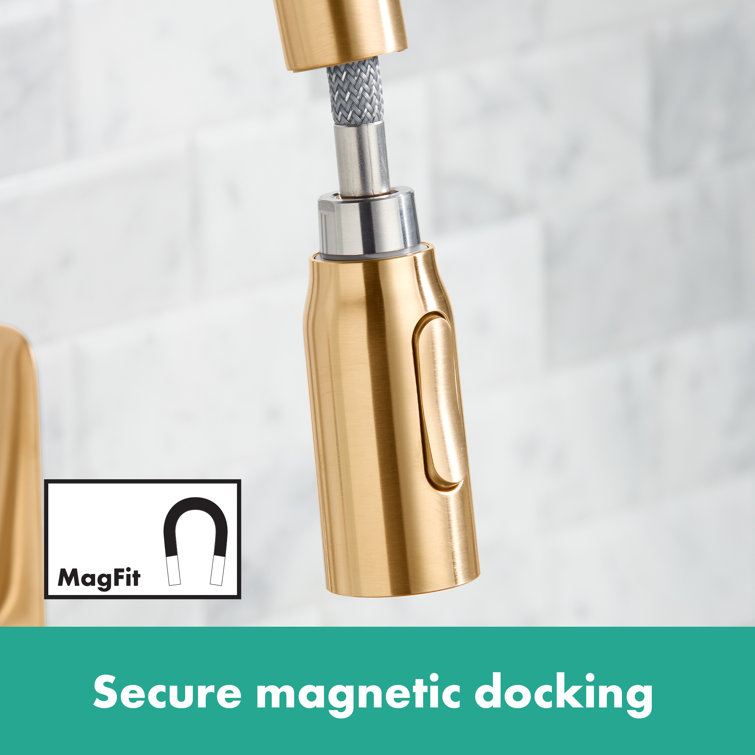 Elegant 14'' Brushed Gold Optic Pull-Down Kitchen Faucet with Ceramic Disc