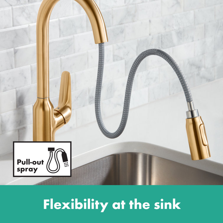 Elegant 14'' Brushed Gold Optic Pull-Down Kitchen Faucet with Ceramic Disc
