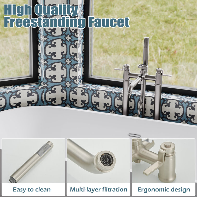 Brushed Nickel Freestanding Floor Mount Tub Faucet with Hand Shower