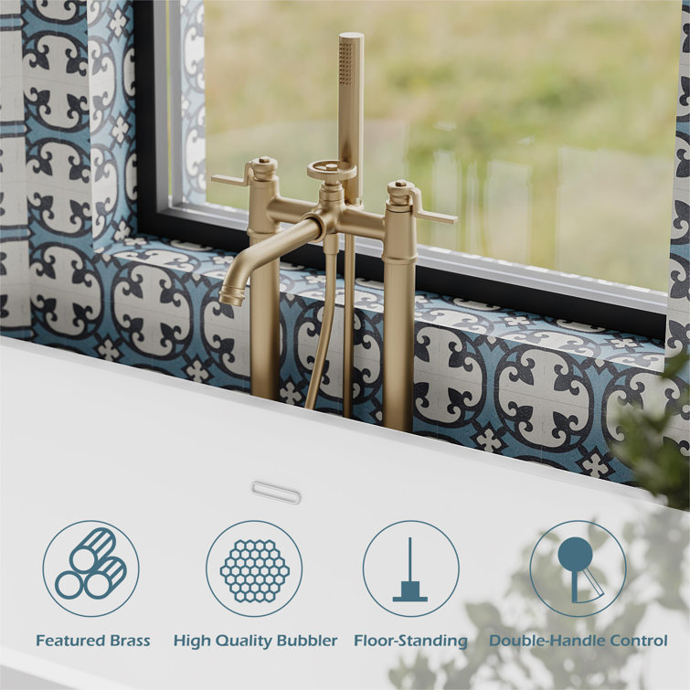 Brushed Gold 2-Handle Deck-Mount Roman Tub Faucet with Hand Shower