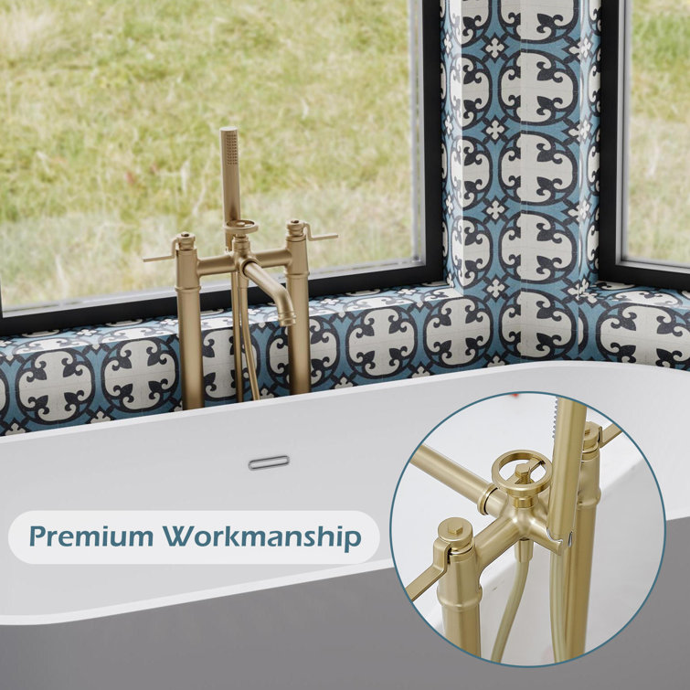 Brushed Gold 2-Handle Deck-Mount Roman Tub Faucet with Hand Shower