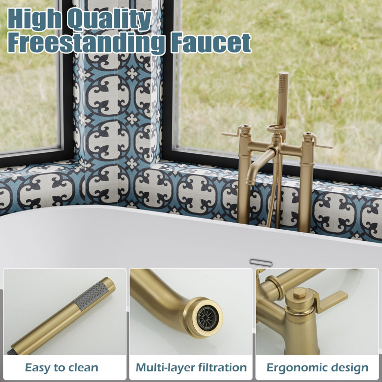 Brushed Gold 2-Handle Deck-Mount Roman Tub Faucet with Hand Shower