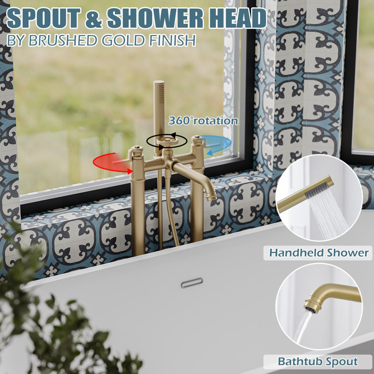 Brushed Gold 2-Handle Deck-Mount Roman Tub Faucet with Hand Shower