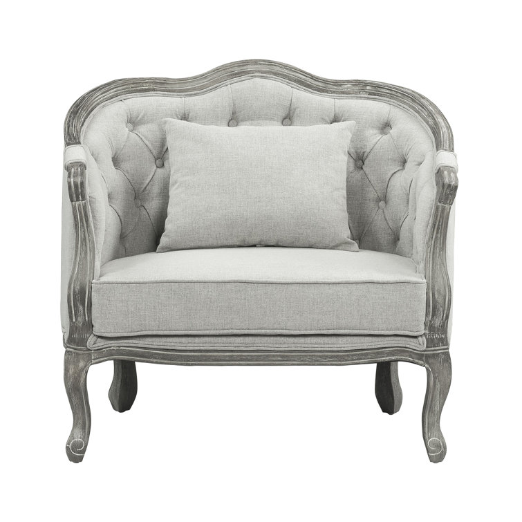 Gray and Dark Brown Linen Upholstered Armchair with Wooden Frame