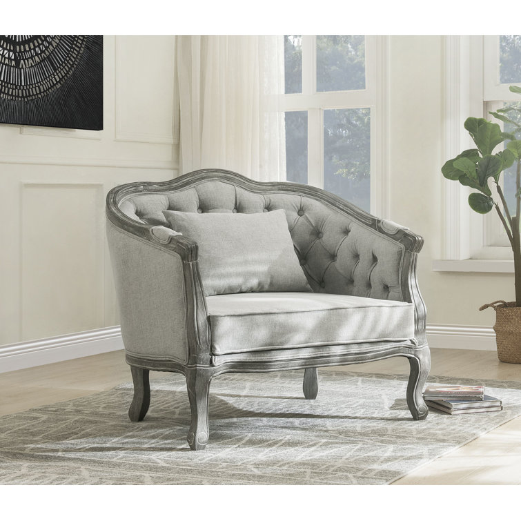 Gray and Dark Brown Linen Upholstered Armchair with Wooden Frame