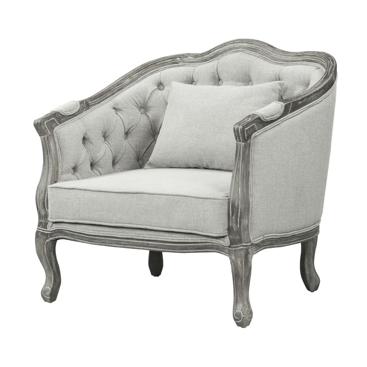 Gray and Dark Brown Linen Upholstered Armchair with Wooden Frame