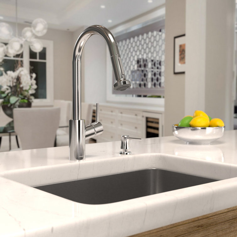 Sleek Steel Optik 16'' Brass Single Handle Pull-Down Kitchen Faucet