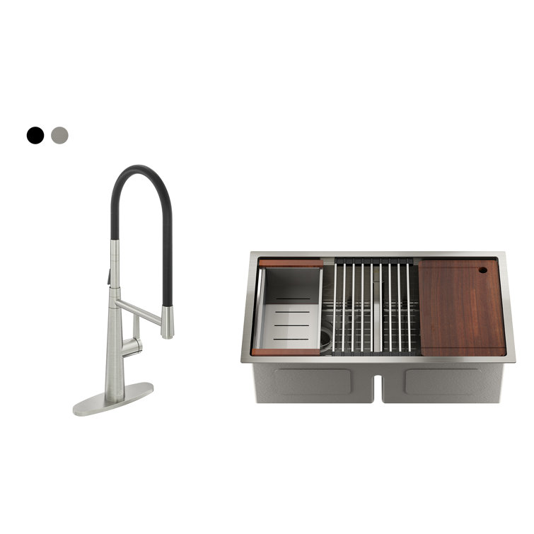 33'' Stainless Steel Undermount Double Bowl Kitchen Sink with Faucet