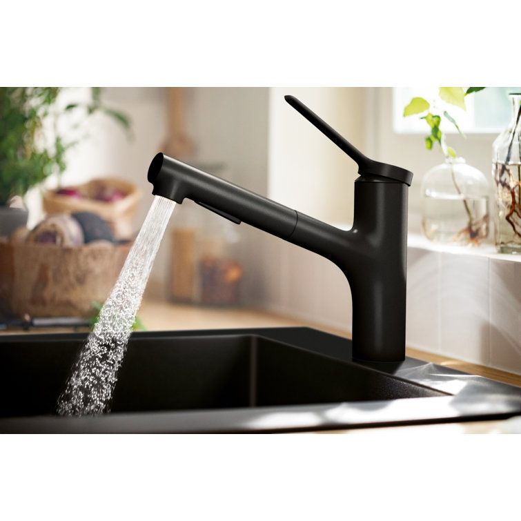 Matte Black Brass Kitchen Faucet with Pull-Out Spray