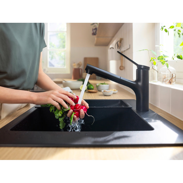 Matte Black Brass Kitchen Faucet with Pull-Out Spray