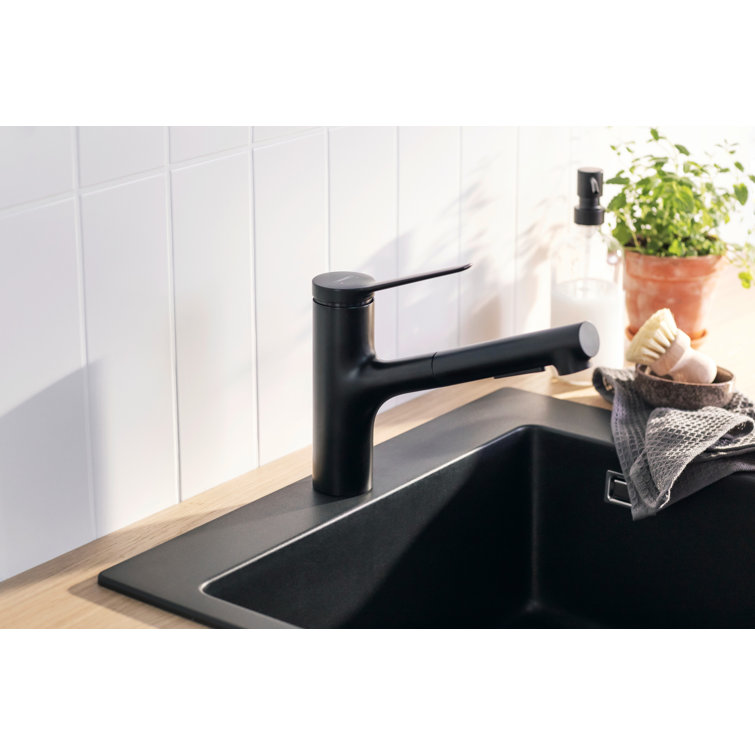 Matte Black Brass Kitchen Faucet with Pull-Out Spray