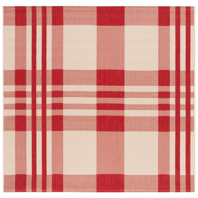 Red and Bone Plaid Square Outdoor Area Rug