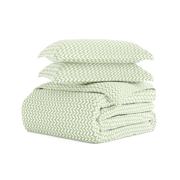Sage Green Microfiber Twin Duvet Cover Set with Chevron Pattern