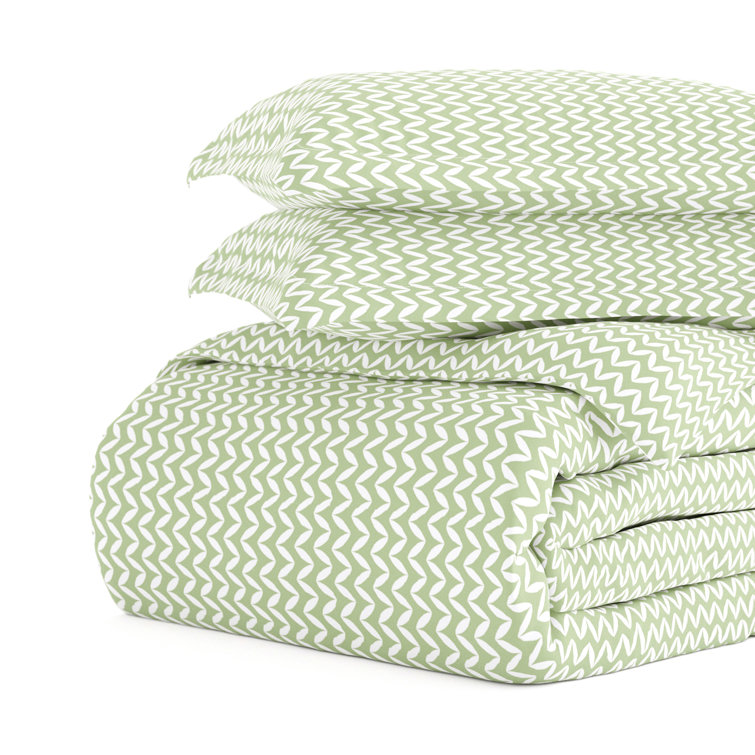 Sage Green Microfiber Twin Duvet Cover Set with Chevron Pattern