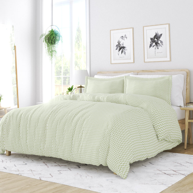 Sage Green Microfiber Twin Duvet Cover Set with Chevron Pattern