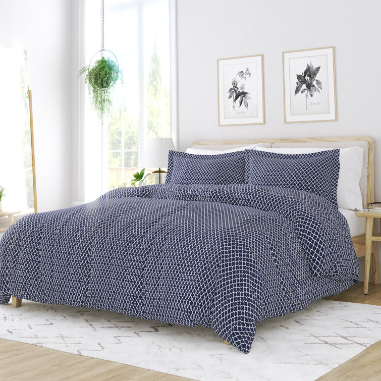 Navy Geometric Pattern Microfiber Queen Duvet Cover Set