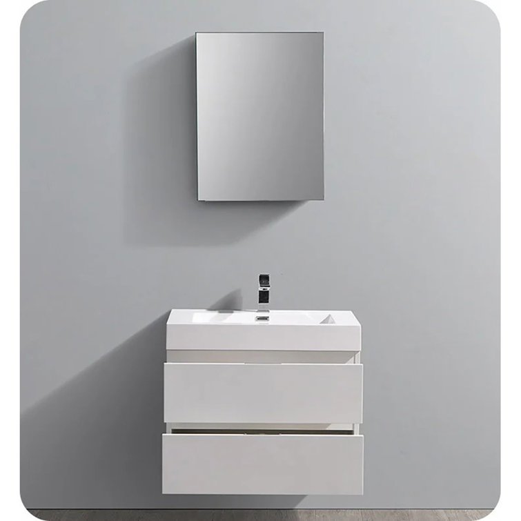 Glossy White 24" Wall-Mount Bathroom Vanity with Acrylic Sink