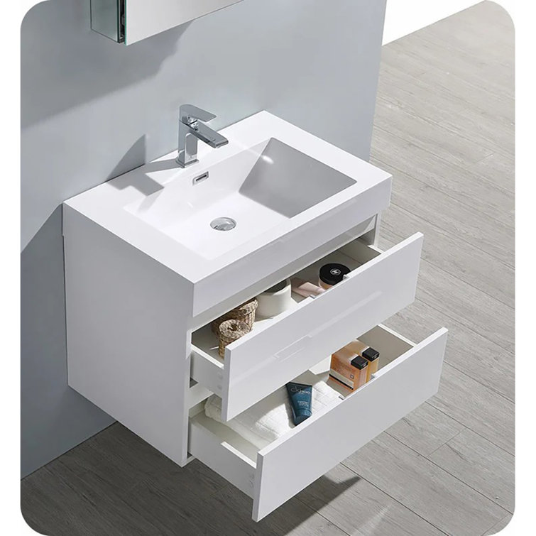 Glossy White 24" Wall-Mount Bathroom Vanity with Acrylic Sink