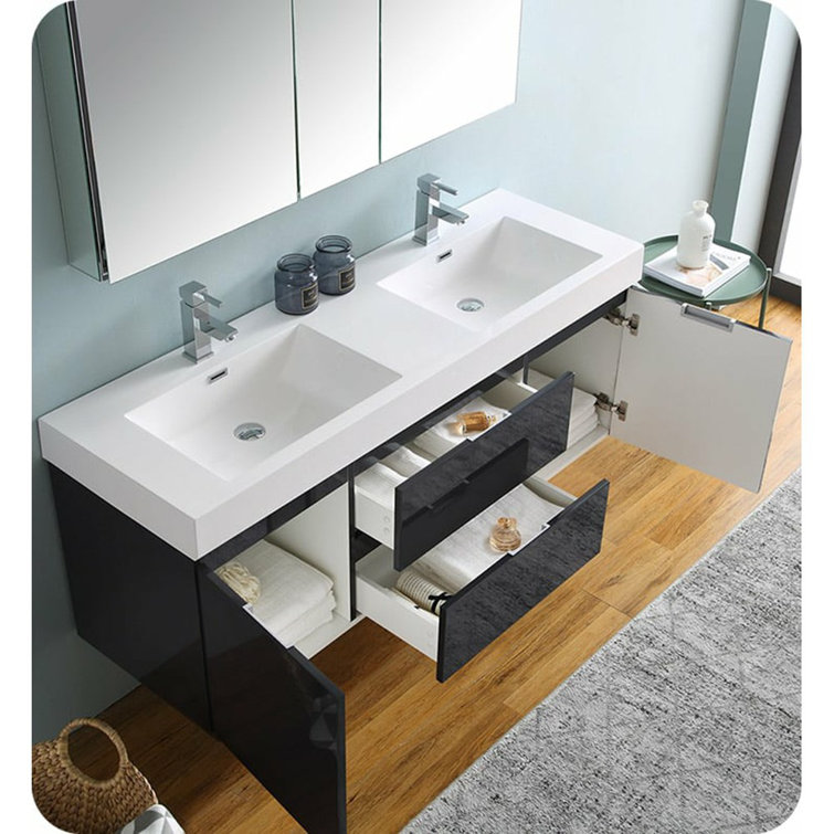 Glossy Gray 60" Wall-Mount Double Sink Modern Vanity