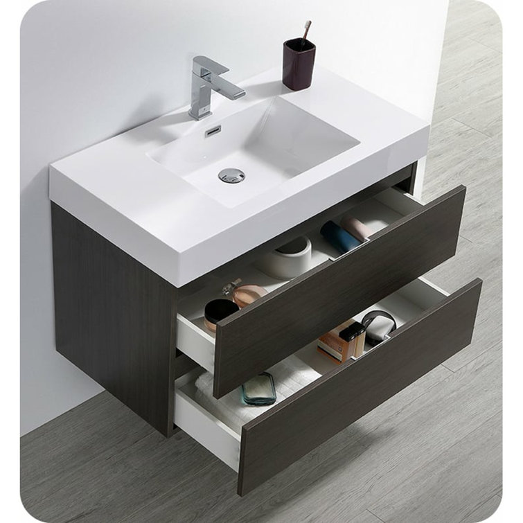 Gray Oak 36" Wall-Mount Modern Bathroom Vanity with Acrylic Top