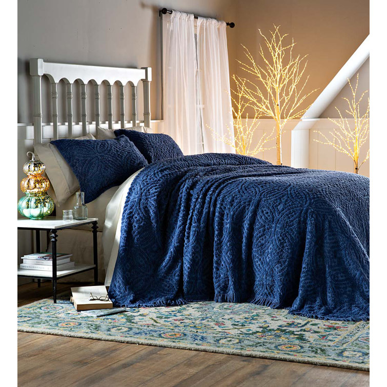 King Size Blue Cotton Chenille Bedspread Set